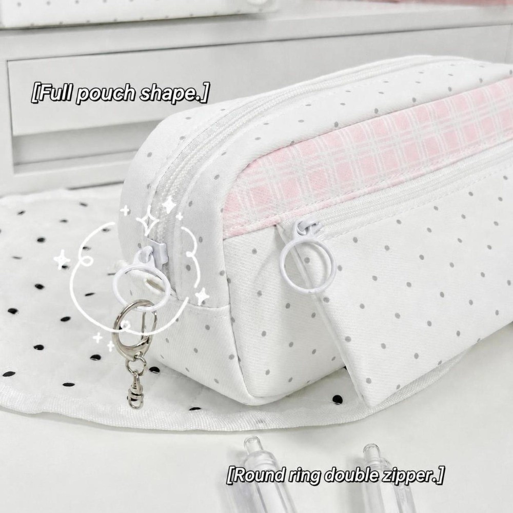 Aesthetic Large Pencil Case Pouch - Estetik Puantiyeli Ekose Kalem Kutusu Büyük