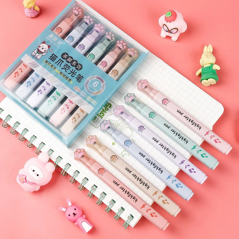 Pastel Highlighter Set Double Ended - 6 adet/paket Kawaii Kedi Pençesi Pastel